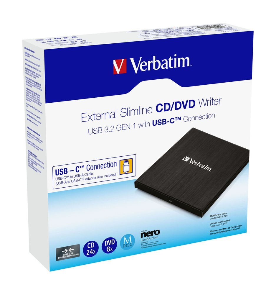 VERBATIM 43886 - EXTERNAL SLIMLINE CD/DVD WRITER USB 3.2 GEN 1/USB-C