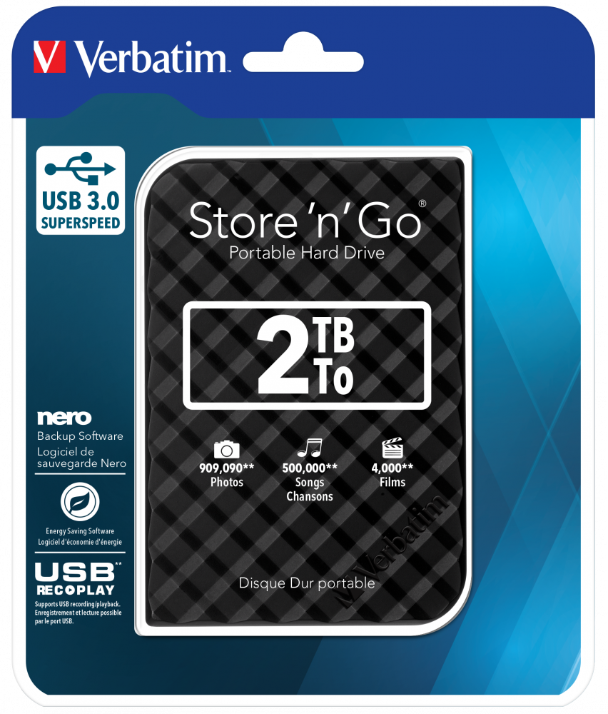 VERBATIM 53195 - 2TB USB 3.0 BLACK PORTABLE HARD
